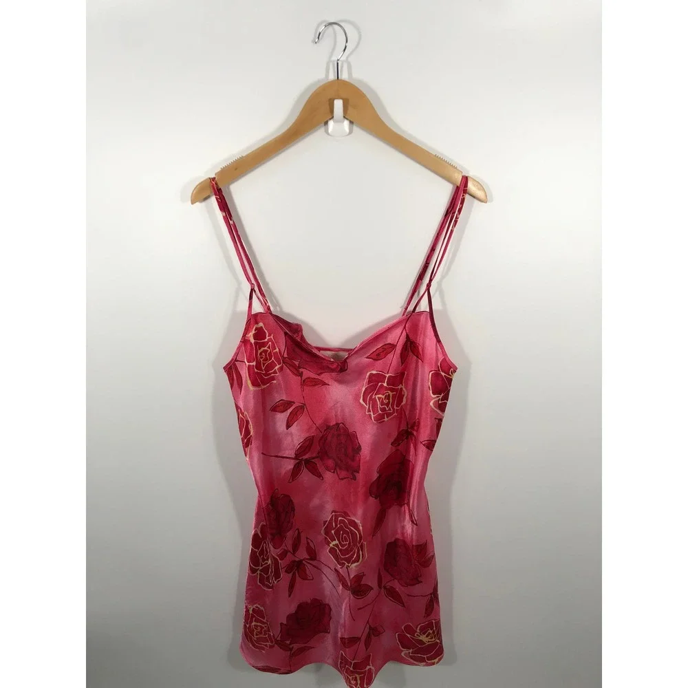 VTG Y2K Chemise Satin Slip Dress Womens M Pink Floral Fairy Romantic Feminine